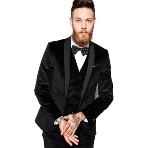 Custom black velvet shawl groom lapel tuxedo best man mens wedding suit best mens suit jacket (jacket + pants + vest)