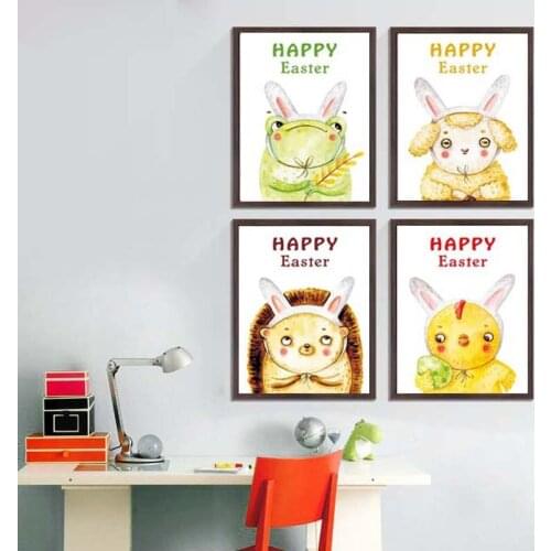 Colorful Happy Easter Cartoon Animals Hedgehog Sheep Chicken Canvas Painting Wall Picture Poster Living Children Room Decoration