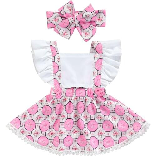 2 Pcs Newborn Summer Outfits Baby Girls Color Block Printed Ruffle Sleeve Square Collar Dress + Headband Sunsuit