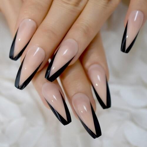 Glossy Ballerina Beige Nude Black French False Coffin Nails Art Tips Extra Long UV Full Cover Press on Fake Nail Extention Tool