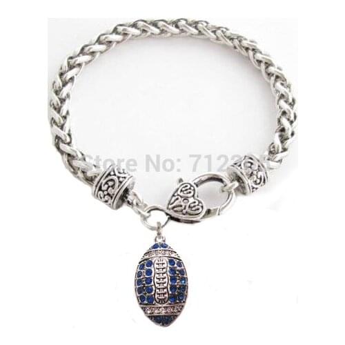 New Arrival 50pcs a lot zinc studded with sparkling Football Blue and clear Crystal Pendant Lobster Claw Bracelet