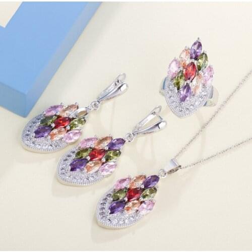 QooLady Charming Colorful Geometric Marquise Cut CZ Stone Brand Dangle Necklace Earrings and Ring for Women Jewelry Sets Z028