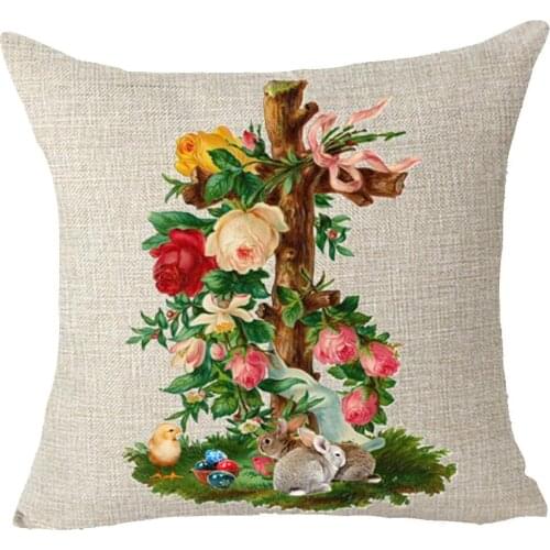 Retro Tree Stump Cross Animal Bunny Chick Happy Easter Throw Pillow Cover Cushion Case Cotton Linen Material Decorative 18"