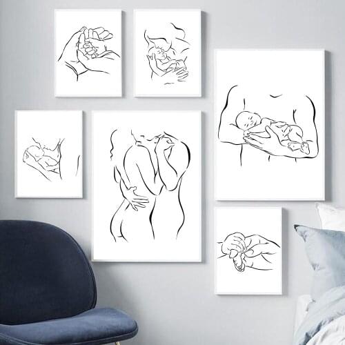 Family Portrait Mom Dad Baby Art Line Drawing Posters Abstract Minimalist Wall Canvas Print Painting Nursery Decorative Pictures