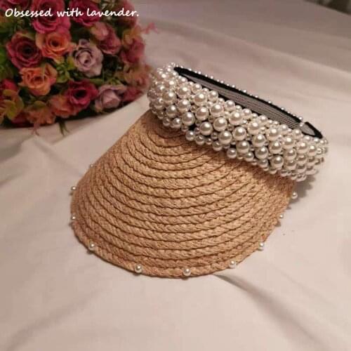 Obsessed with lavender.Pearl Hat Hair Carafi Grass Empty Top Hat Sunproof Beach Hat Hat Hand Sewed Cap