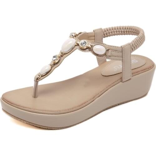 SIKETU Brand 2021 Original Summer Rhinestones Wedge Sandals Casual Flip Flop Womens Heeled Shoes Sandal for Girls Black Apricot