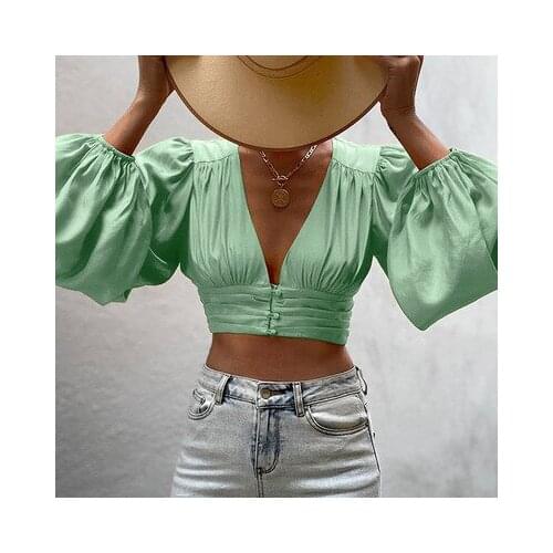Womens Sexy Deep V-Neck Long Sleeve Top Button Short Pleated Shirt Tops Tees Female Elegant Party Solid Color Street Top Crop