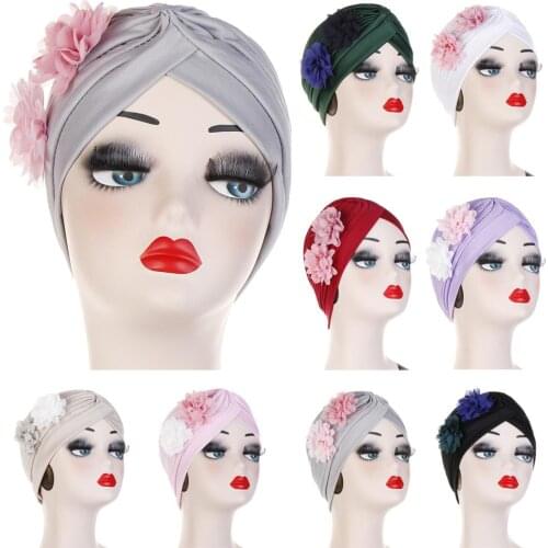 2021 Double Flower Beanie Turban Indian Cross Headscarf Muslim Hijab Women Chemo Cap Cancer Hat Hair Loss Cover Bonnet Headwear