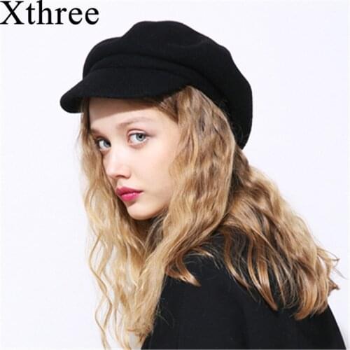 Xthree spring winter women cap wool knitted hat beret with Visors Skullie hat for men hat cap