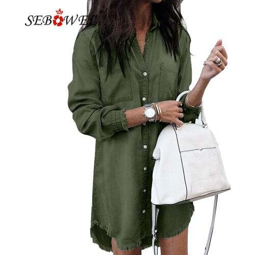 SEBOWEL Women Long Sleeve Denim Shirt Autumn Turn-down Collar Tassel Detail Buttons Female Long Shirts Tops Streetwear Clothes