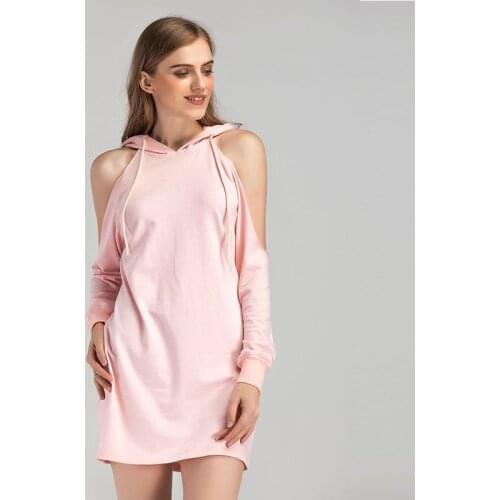 Pink Color Long Sleeve Hoodies Off Shoulder Sweatskirts Dress Highstreet Hoodies Casual Cotton Sweatshirts with Hats for Woman