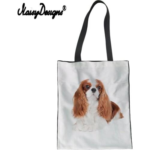 Noisydesigns Women Shopping Bag Canvas King Charles Spaniel Reusable White Handbag Tote For Girl Female Travel Custom Large Dog