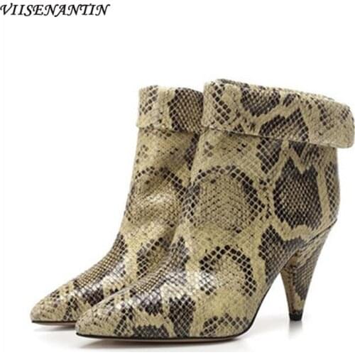 VIISENANTIN 2020 Large Size Leather Wedge Point Toe Fashion Cuffed High-heel Zipper Snakeskin Pattern Short Ankle Boots