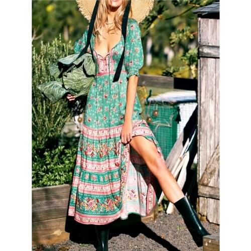 Boho FLORA spliced long women puffed sleeves summer dress high waist square neck plus size dress female holiday party wear