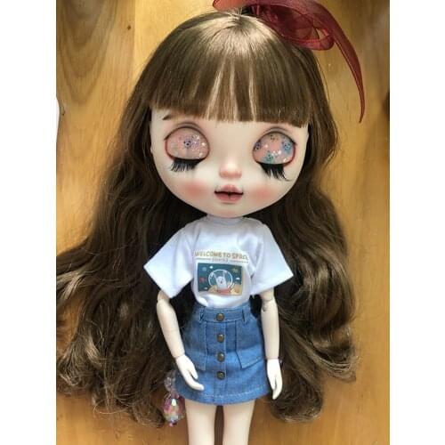 Blyth White Cartoon T-Shirt Doll Denim Skirt 1/6Doll Outfit (Fit Holala,Pullip,ICY,JerryB,OB, BJD,Dal)