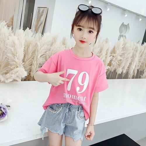Teens Fashion Clothes Set Casual Suit Letters Tshirt Top And Denim Shorts Summer Cool Clothes for Children Girls 4 6 8 11 13Yrs