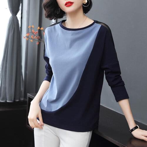 Woman Tshirts Long Sleeve Top Tee Shirt Women 100% Cotton Stitch Female Mesh Off Shoulder Elegant Ladies Clothes Casual
