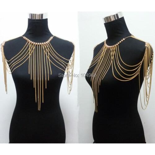 HOT SALE! Fashion B700 Women Gold Colour Body Chains Jewelry Unique Design Sexy Harness Shoulder Chains Jewelry 3 Colors