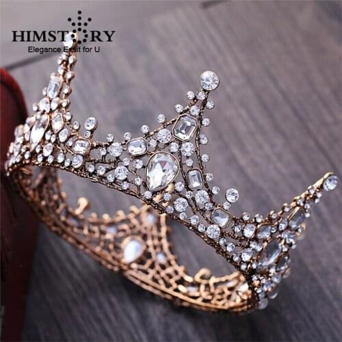 Himstory Retro Brass Baroque Bridal Queen King Tiara Crown Clear Rhinestones Wedding Hair Jewelry Pageant Prom Headpiece