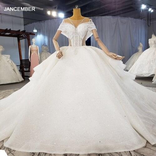 HTL2122 Short Sleeve Luxurious V-Neck Crystal Beading Sequined Wedding Dress 2021 For Woman Ball Gowns