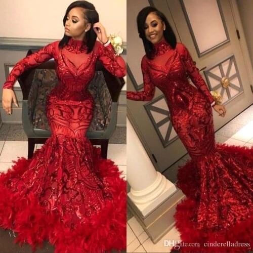 Red Long Sleeve Prom Dresses 2020 Sequined Mermaid Formal Party Gown Sexy Lace Applique Black Girl vestidos de gala Custom Made