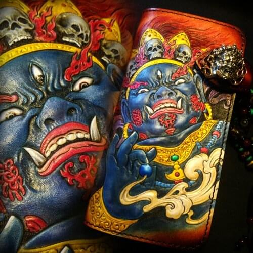 Handmade Genuine Leather Wallets Carving Mahayana Purses Men Long Clutch Vegetable Tanned Leather Wallet Card Holder