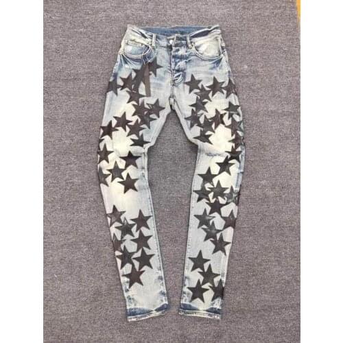 New high street star leather five-pointed stars fight leather hole wash jeans tide brand high quality