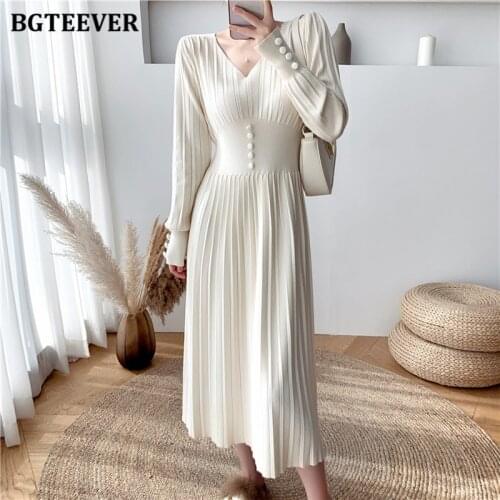 BGTEEVER Elegant V-neck Women Midi Sweater Dress Autumn Winter Slim Waist Single-breasted Female Knitted Pleated Dress 2020