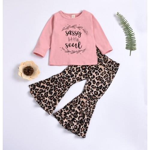 Pudcoco Newborn Baby Girl Clothes Unique Letter Print Round Neck T-shirt Leopard Elastic Trumpet Pants 2Pcs Outfits Fashion Girl