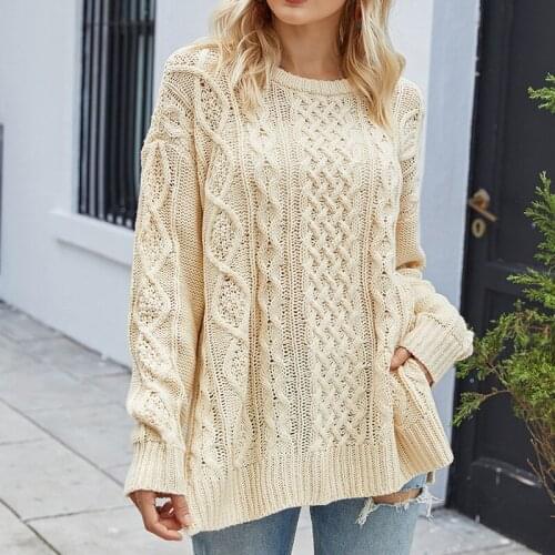 Ladies loose pullover knitted sweater Ladies autumn and winter ladies knitted flower split round neck sweater top