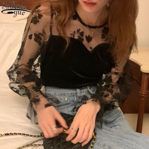 2021 Vintage Loose Shirt Mesh Lace Shirt Women Korean Long Sleeve Lace Blouse Sexy Elegant Top Female Blusas Mujer 13820