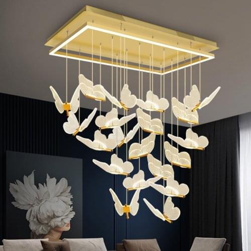 Modern Art Duplex Building Lobby Staircase Chandelier Lighting Nordic Golden Dimmable Long Chassis Restaurant Led Chandelier