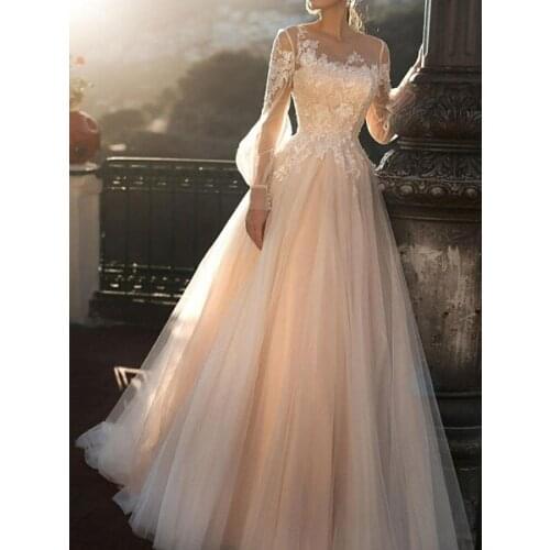 Wedding Dresses A-line Court Train Long Puff Sleeves Single Thread Tulle Buttons Illusion Neckline Bridal Gowns