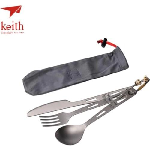 Keith 3 In 1 Titanium Spoon Fork Knife Cutlery Sets Portable tableware Camping Cutlery Outdoor Three-piece Ti5310 53g