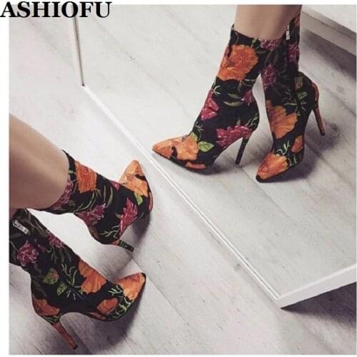 ASHIOF Handmade Womens Ankle Boots Flower Leather Pointy Wedding Party High Heel Boots Evening Club Fashion Winter Boots Shoes