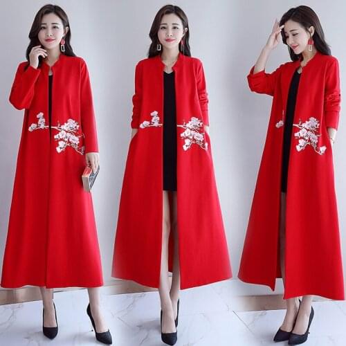 2020 New Chinese Style Womens Black Retro Embroidery Long Cardigan Long Trench Coat Spring Autumn Female Windbreaker тренч