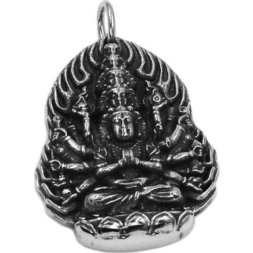 Thousand Hands Guanyin Buddha Pendant Stainless Steel Pendant Necklace Elephant Amulet Lucky Buddha Pendant Women Men SWP0590