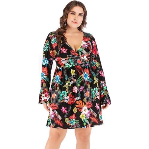 Plus Size Elegant Multicolor Bell Sleeve Floral Print Dress Women Summer High Waist V Neck A Line Flared Boho Mini Dresses