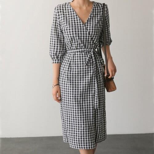 Flectit Women Gingham Dress Linen-Blend Checkered V-Neck Tie Waist Wrap Midi Dress Summer Vacation Outfit Vestido