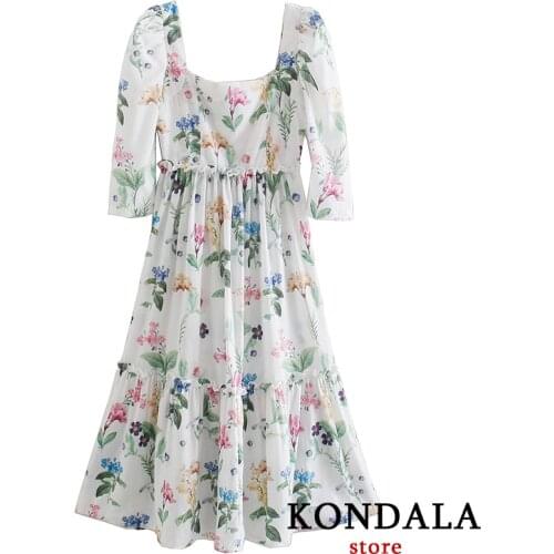 KONDALA Women Za Fashion Flower Print Ruffles Trim Midi Dress Three Quater Chiffon Spring 2021 Dresses Female Holiday Vestidos