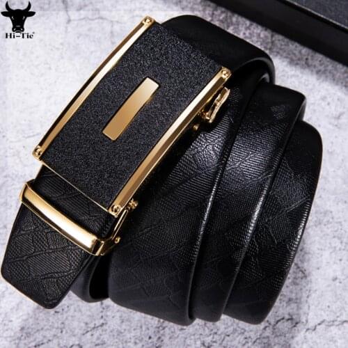 Famous Black Genuine Leather Mens Belts Automatic Buckles Ratchet Waistband Straps for Men Top Quality Formal Business Wedding