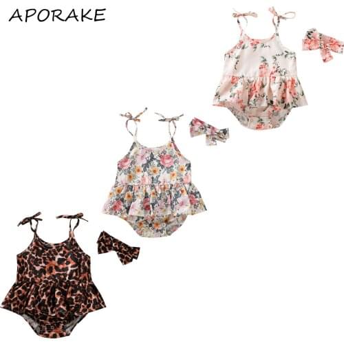 2021 0-24M Cute Toddler Baby Girl Romper Dress Summer New Floral/Leopard Print Sleeveless Ruffle Playsuit Dress+Headband