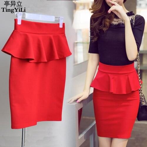 TingYiLi 3XL 4XL 5XL Plus Size Peplum Skirt Office Lady Ruffle Skirt Women Sexy Mini Skirt Pencil With Slit Red Black Skirt