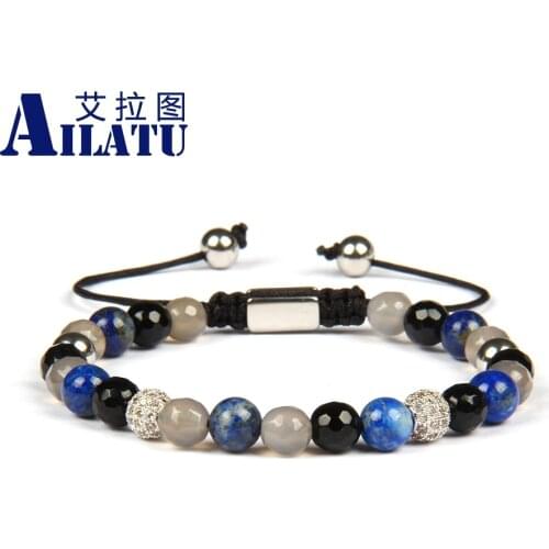 Ailatu Brand Men Bracelet 6mm Natural Lapis Lazuli & Faceted Onyx Stone Beads Clear Cz Macrame Bracelet with Stainless Steel