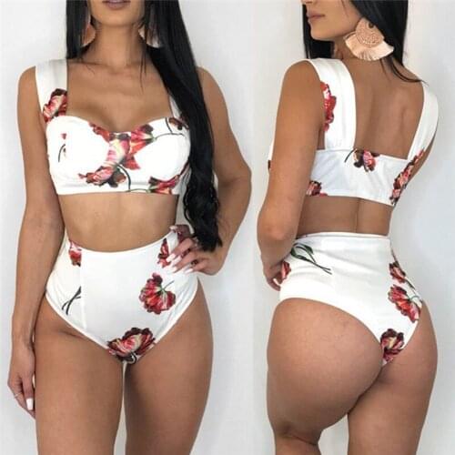 White Women Push Up Bikini 2019 Sexy High Waist Swimwear Women Bikini Set Lotus Floral Print Bathing Suit Women Swimming Suits