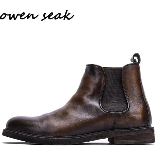 Owen Seak Men Chelsea Boots High-TOP Ankle Shoes Luxury Trainers Genuine Leather Casual Sneaker Spring Boots Flat Black Shoes
