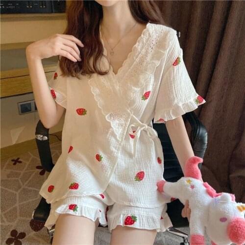 Pajama Sets Women New Fashion Short Sleeve V-neck Sleepwear Two-pieces Womens Pyjamas Lounge Breathable with Print Summer Korean