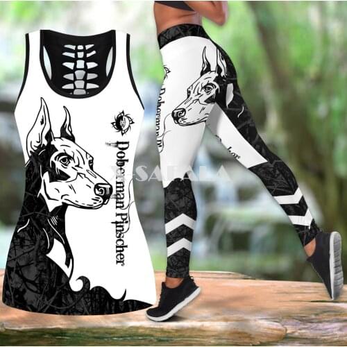 Doberman Pinscher Black Tattoo Two Piece Yoga Set Women 3D Print Vest Hollow Out Tank Top High Waist Legging Summer Casual Sport