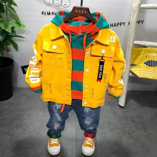 Spring and autumn boys clothing sets 3pcs boys Denim jacket + striped hoodie + jeans kids sport suit tracksuit 2-6years