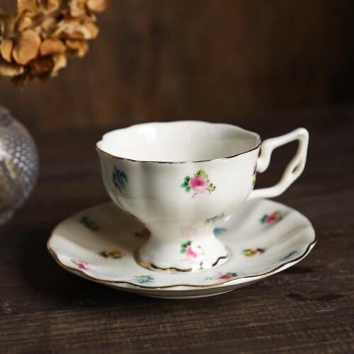 Gold Edge Creamy Ceramic Rose Coffee Cup Saucer/Retro Afternoon Teacup Saucer